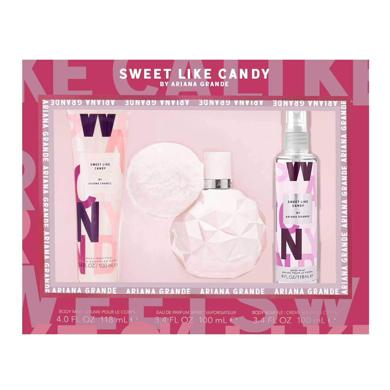 Ariana Grande
Sweet Like Candy SET 3 Piezas Dama EDP 100ml + Body Souffle 100ml + BODY MIST 118ml
