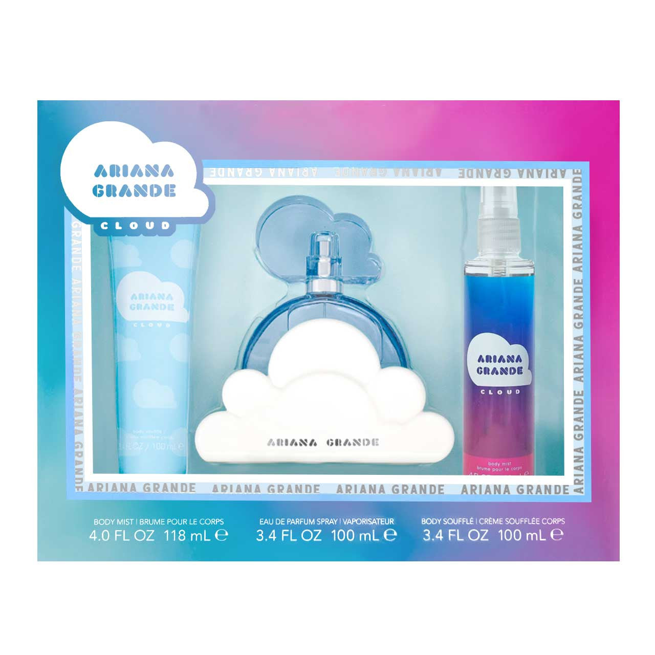 Ariana Grande
Cloud SET 3 Piezas Dama EDP 100ml + Crema Corporal 100ml + BODY MIST 118ml